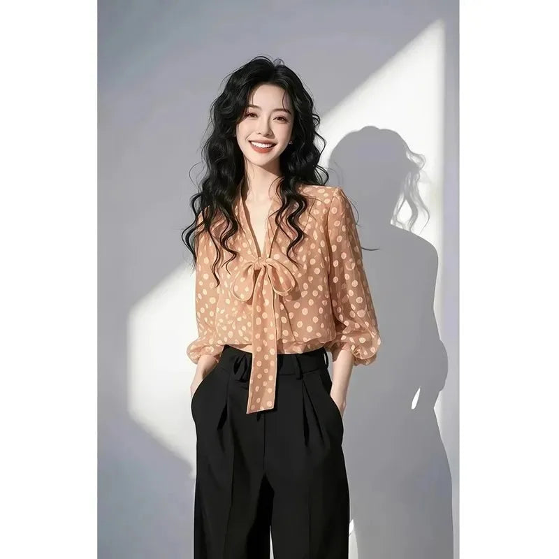 Women's Clothing French Style Top for Important Blouses Occasions Orange Polka-dot Bow Tie Shirt