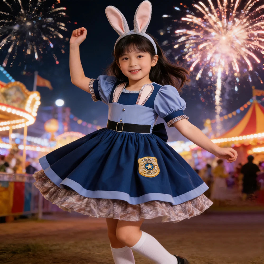 New Movie Crazy Zoo Rabbit Cosplay Costumes For Carnival Children Perform Police Role-play Dress With Socks Girls Birthday Dress