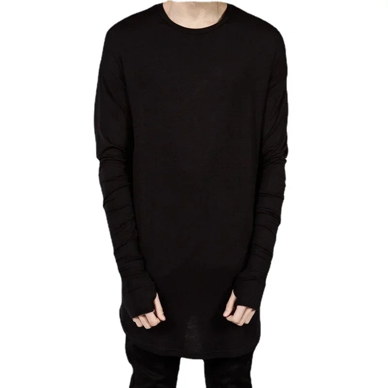 Quality Hip Hop T Shirt Full Mens Long Sleeve T-Shirt with Thumb Hole Cuffs Tees Shirts Curve Hem Men Street Wear Tops Plus Size