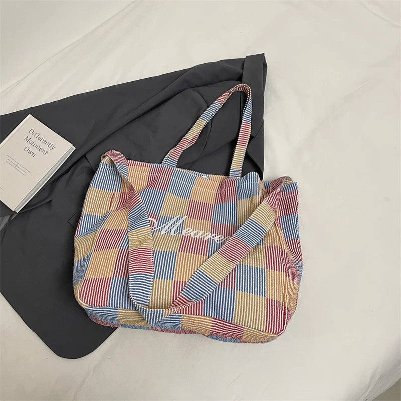2025 Summer New Trends Striped Plaid Tote Bags For Women Cotton Fabric Letter Prints Large Capacity Shoulder Shopper Student Bag