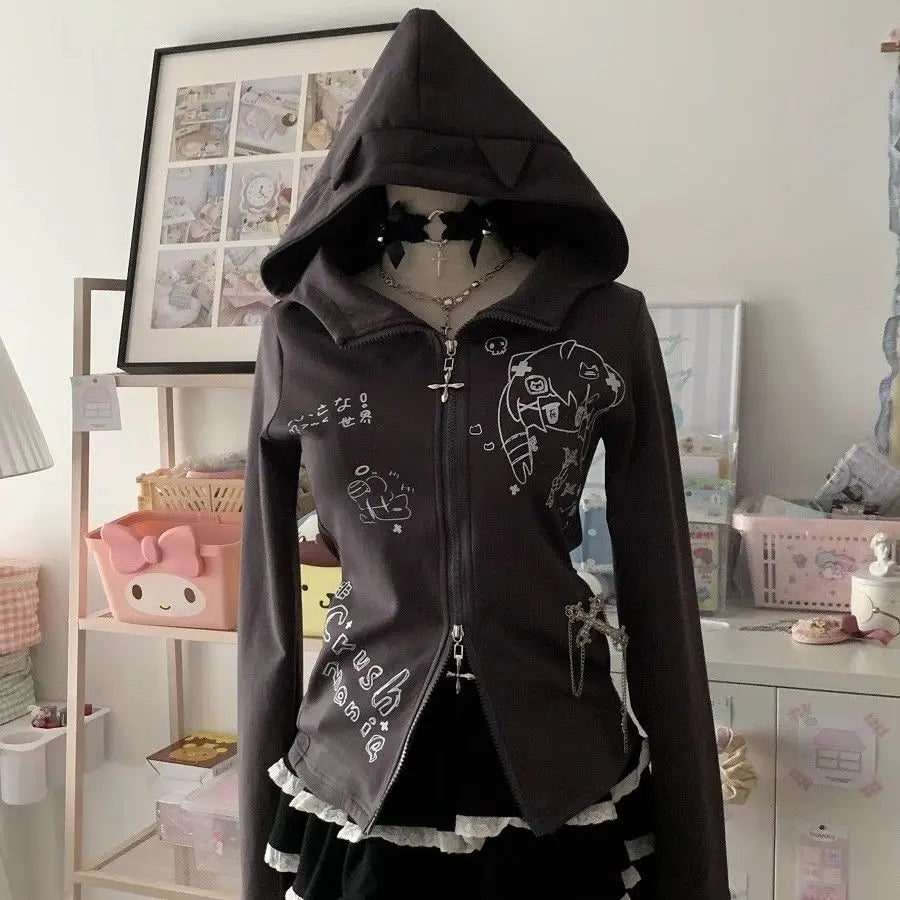 Cat Ears Hooded Sweatshirts 2025 Women Clothes Short Sleeve Zipper Slim Fit Hoodies Y2k Tops Casual Fashion Japanese Cute Hoodie