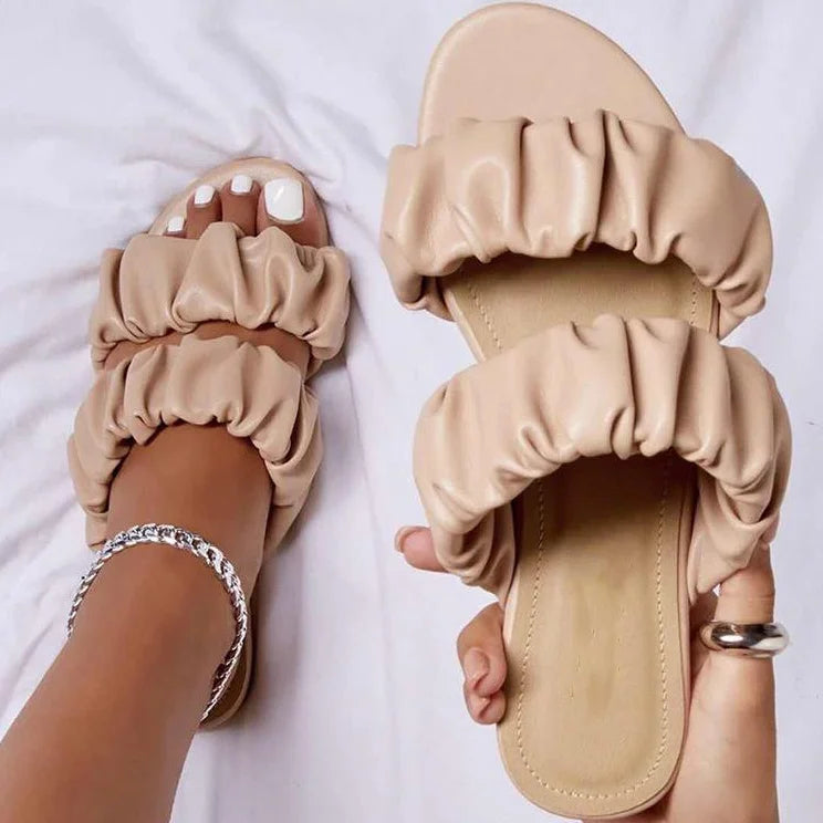 2024 women's summer new double-layer leather sandals pleated flat bottomed women's outdoor beach outdoor slippers