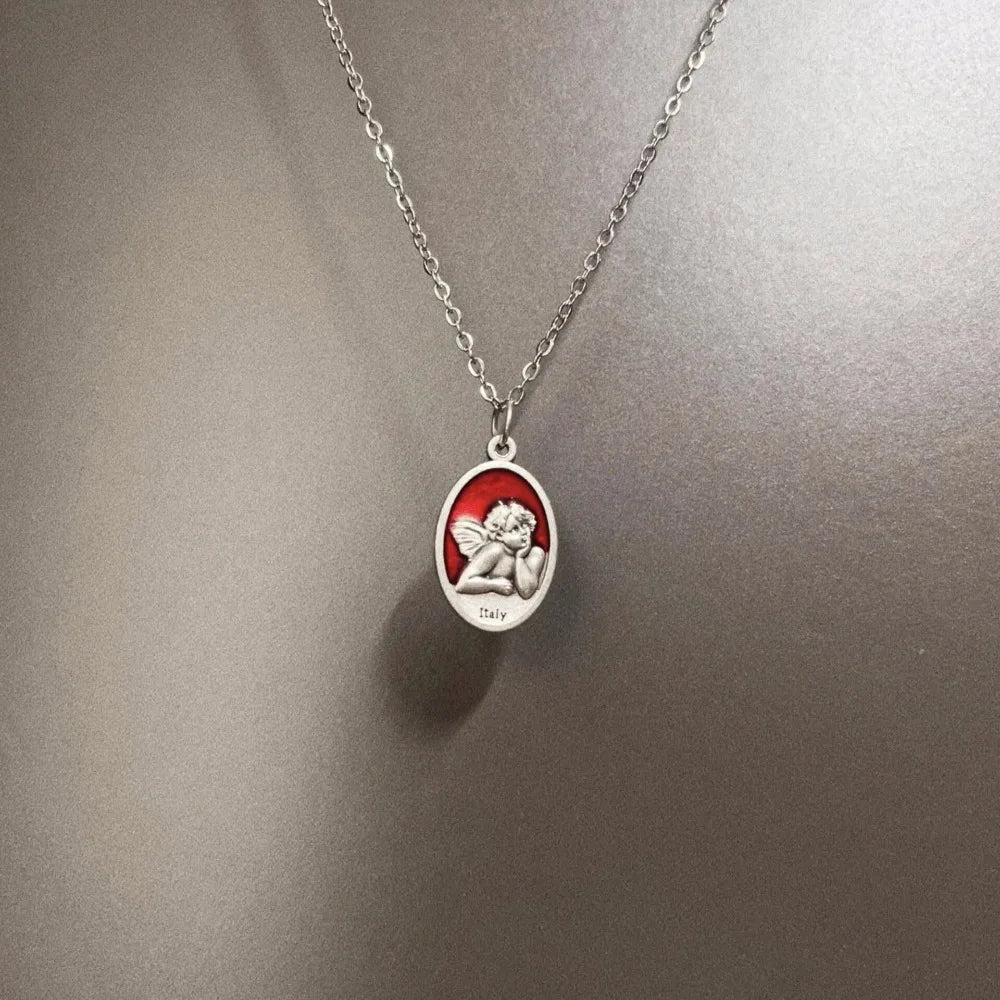 Vintage Temperament Sliver Color Double-sided Little Angel Fairy Relief Oval Pendant Necklace for Women Men Collar Chain Jewelry