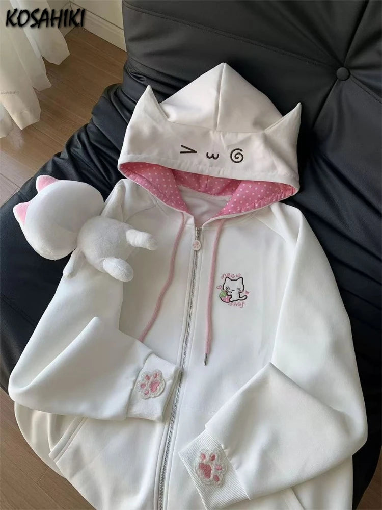 Japanese Cartoon Embroidery Casual Kawaii Hoodies Y2k Aesthetic Loose Drawstring Women Hoody Harajuku Autumn Zipper Sweatshirt