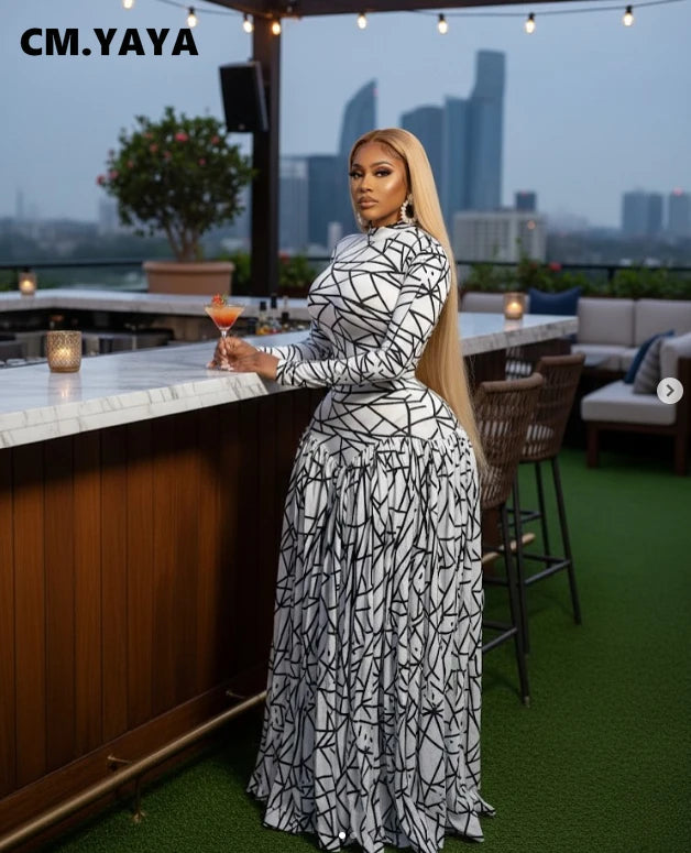 CM.YAYA Women Full Sleeve Printed O-neck Maxi Long Dress 2026 Evening Birthday Vacation Sexy Party Club Vestidos Dresses