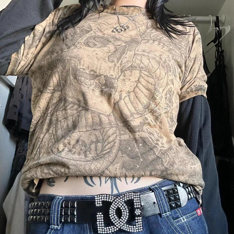 Cyber Y2K Grunge Mall Goth Top Patchwork Full Sleeve Baggy Pullovers Tees Japanese Edgy 00s Retro E-girl Gothic Emo T-shirt