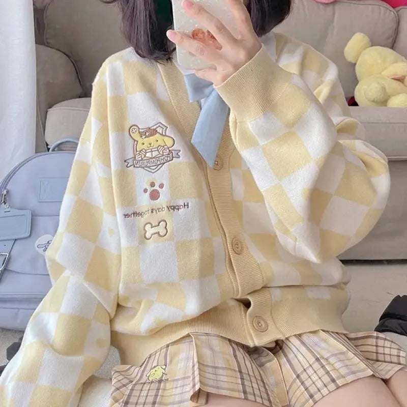 Anime Sanrioed Pompompurin Girls Cardigan Sweater Kawaii Kuromi Cinnamoroll Spring Autumn Knit Coat Loose Sweet Embroidery Tops
