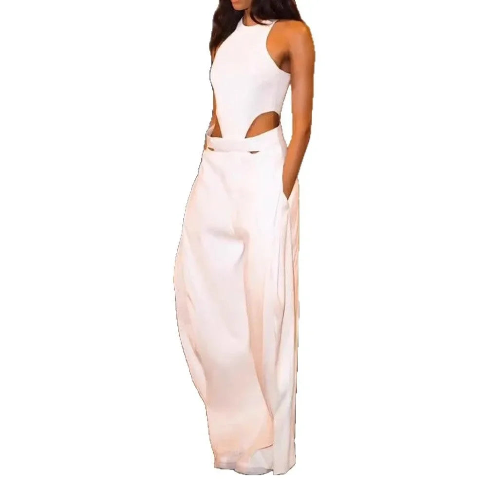 Fashion Jumpsuits For Women  Summer O Neck Sleeveless Hollow Out Slim White High Waist Wide Leg Jumpsuit  Chic Sexy Jumpsuit