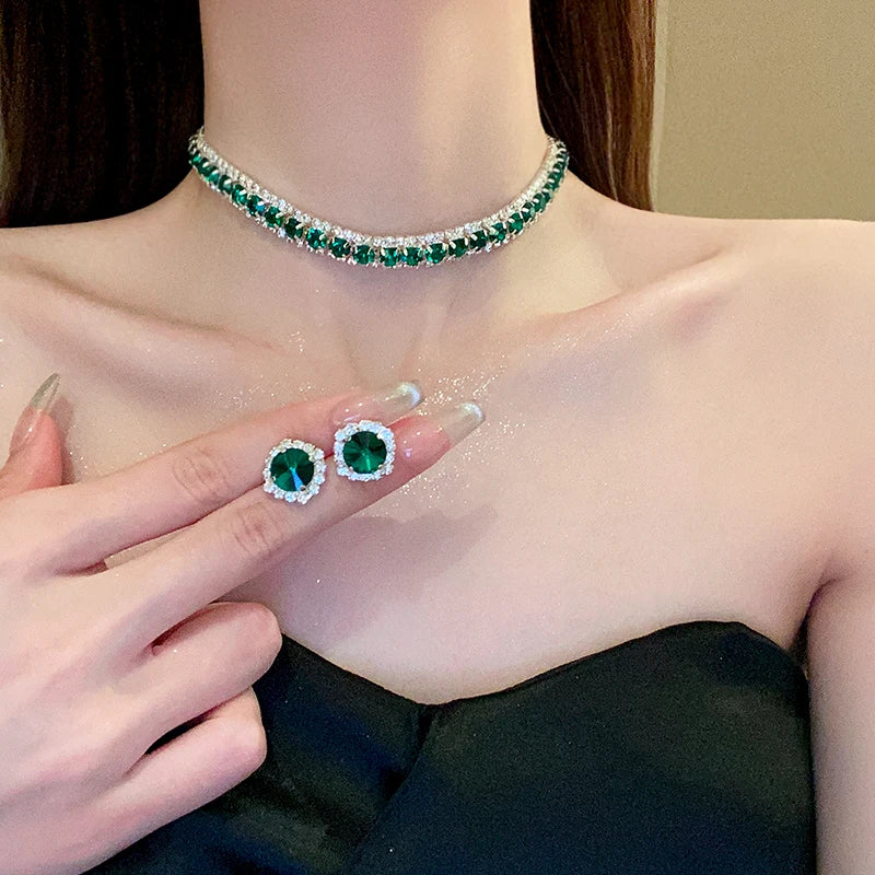 Luxury Green Rhinestone Necklace Stud Earrings For Women Crystal Choker Necklaces Ladies Fashion Weddings Banquet Jewelry Set K