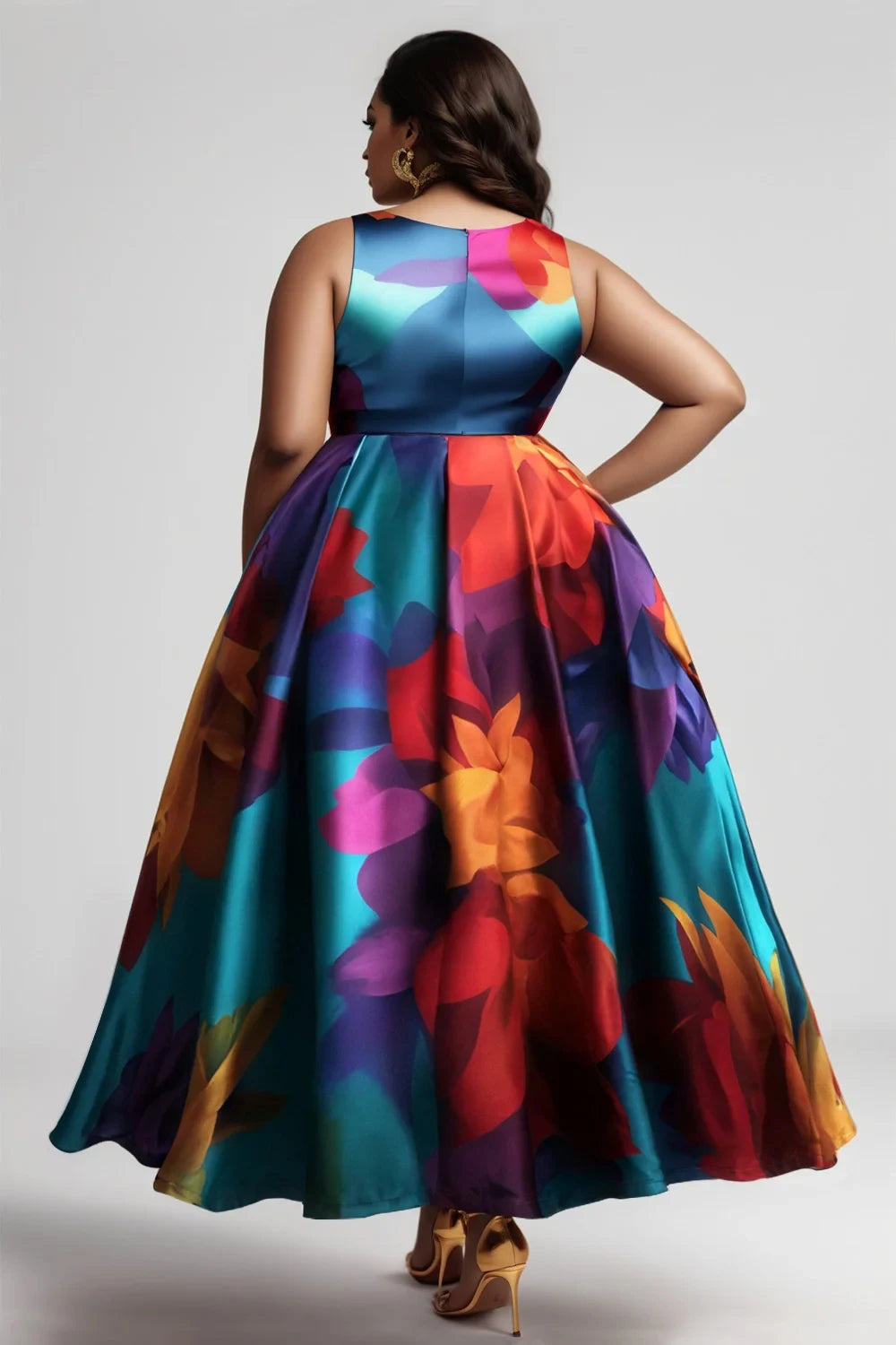 Women's Plus Size Dress Sleeveless Pleated A-Line Party Evening Maxi Dresses Floral Printed Casual Vintage Round Neck Dress