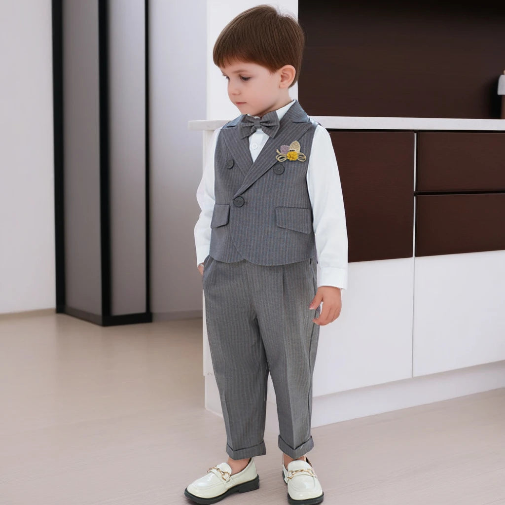 Boys Strap Pants Suit Fashion Gray Stripe Kids Weddings Blazers Set 2-12 Years Children School Uniform Toddler Birthday Outfits