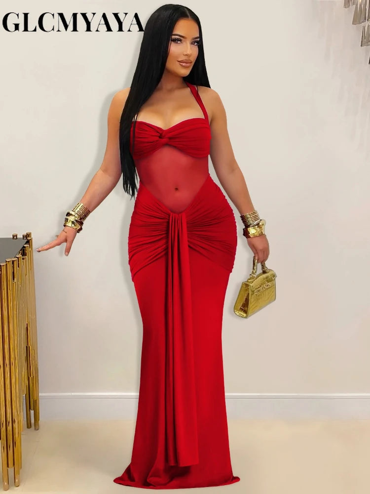 CM.YAYA Women Off Shoulder Halter Lace Up Ruched Bodycon Maxi Dress 2026 Birthday Evening Sexy Party Long Dresses Vestidos
