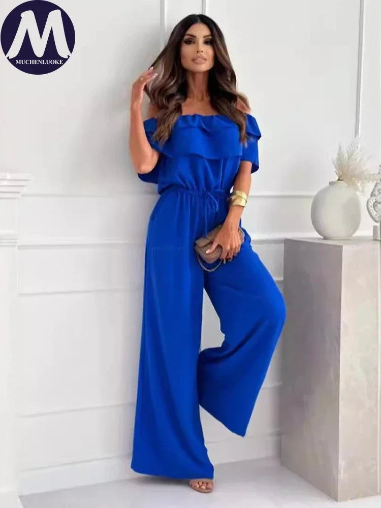 Summer Off-Shoulder Jumpsuit for Women Short-Sleeved Flounce Slim Fit Elastic Waist Fashionable Casual Jumpsuits