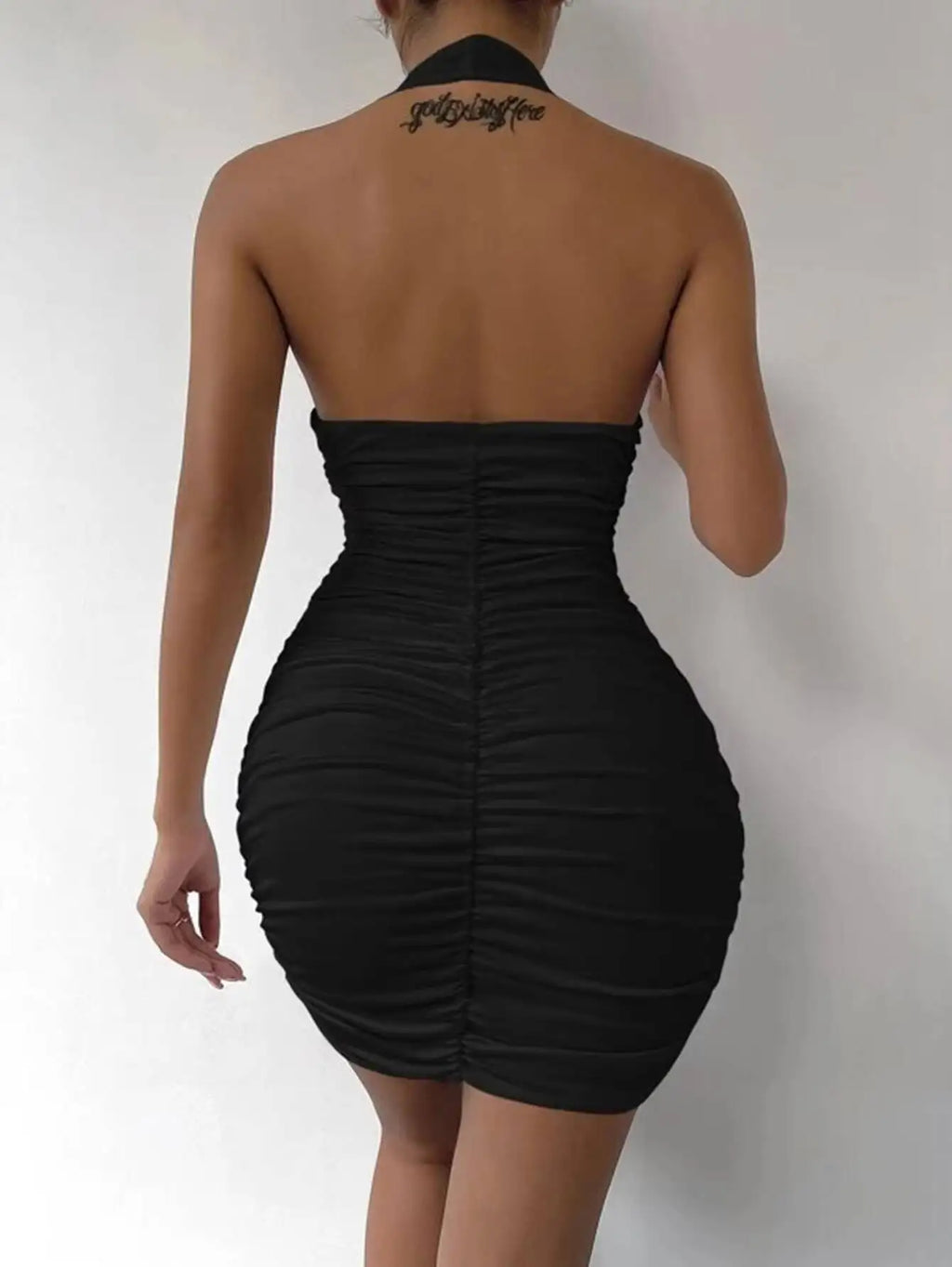 Mini Dress Spring Summer Women Black Halter Neck Ruched Bodycon Sexy Chic Party Date Club Evening Dress