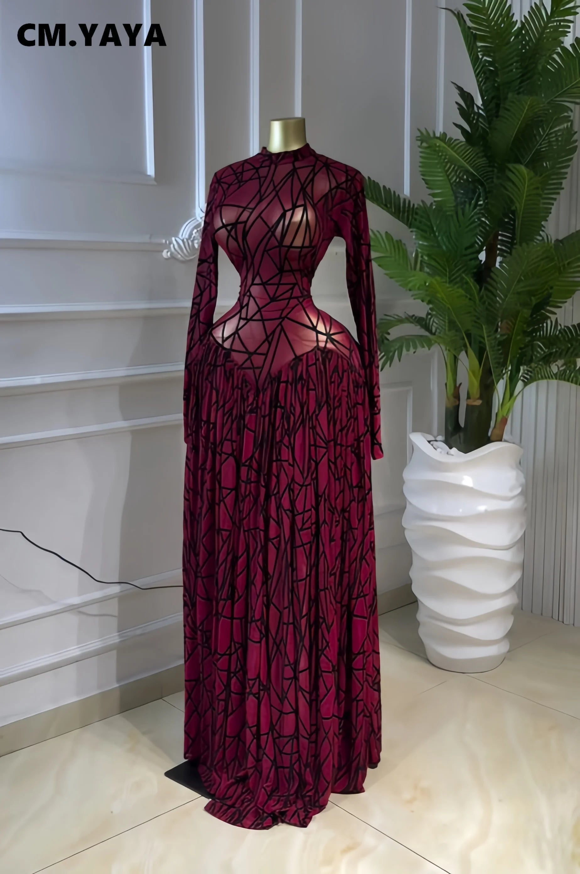 CM.YAYA Women Full Sleeve Printed O-neck Maxi Long Dress 2026 Evening Birthday Vacation Sexy Party Club Vestidos Dresses