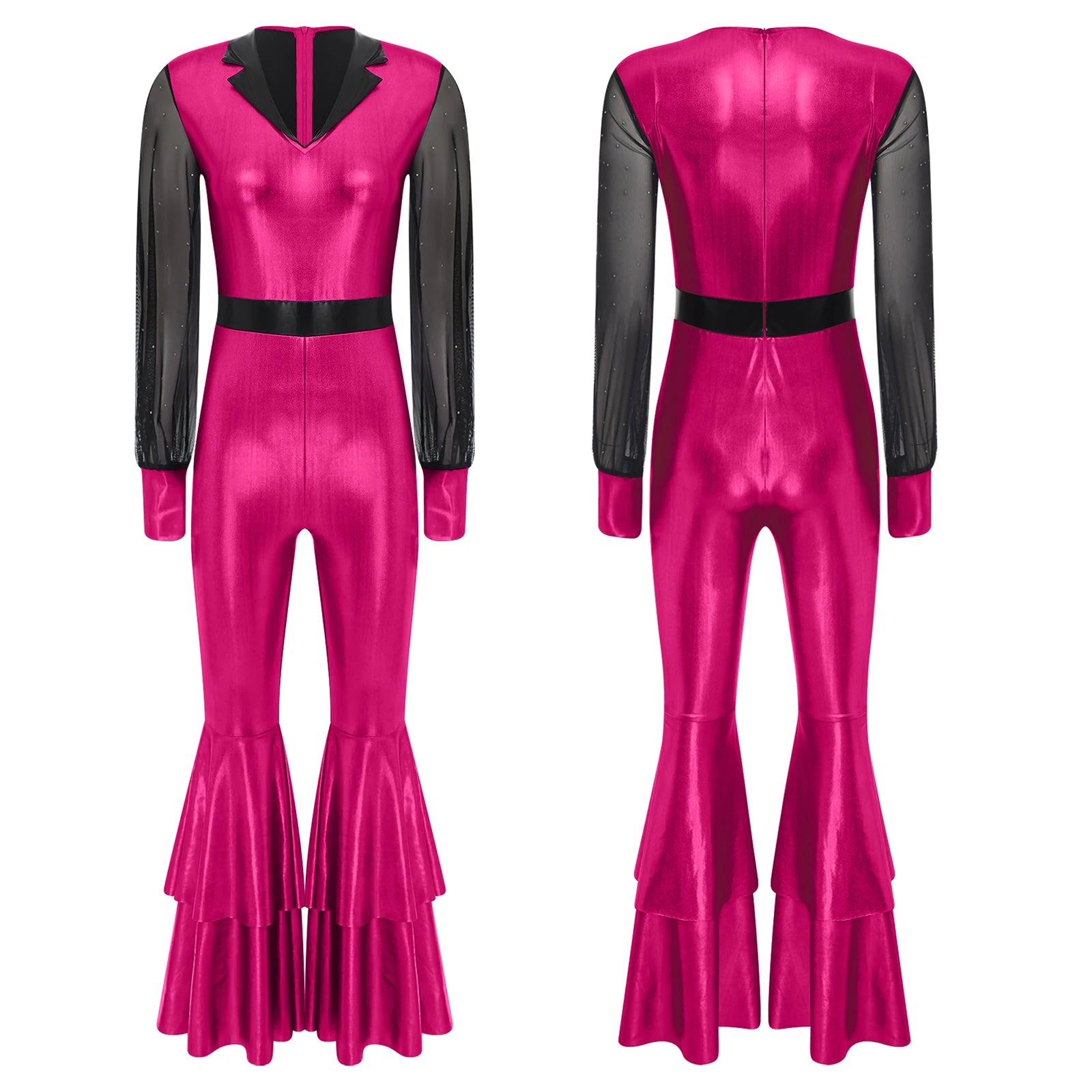 70 80s Disco Classical Vintage Jumpsuit Women Shiny Metallic High Waist Flared Bell-bottomed Rompers Playsuits for Dance Cosplay