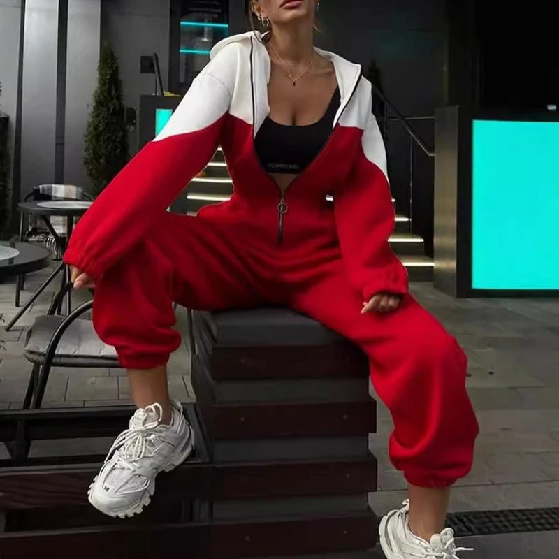 Women'S Jumpsuits Casual Sporty Sweatershirt Hoodies Suits Spliced Colored Zipper Long Pants Rompers Playsuits Autumn Winter y2k