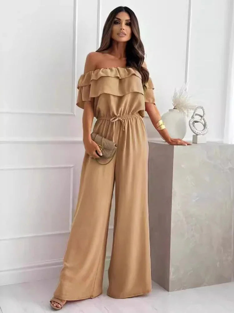 Summer Off-Shoulder Jumpsuit for Women Short-Sleeved Flounce Slim Fit Elastic Waist Fashionable Casual Jumpsuits