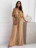 Summer Off-Shoulder Jumpsuit for Women Short-Sleeved Flounce Slim Fit Elastic Waist Fashionable Casual Jumpsuits