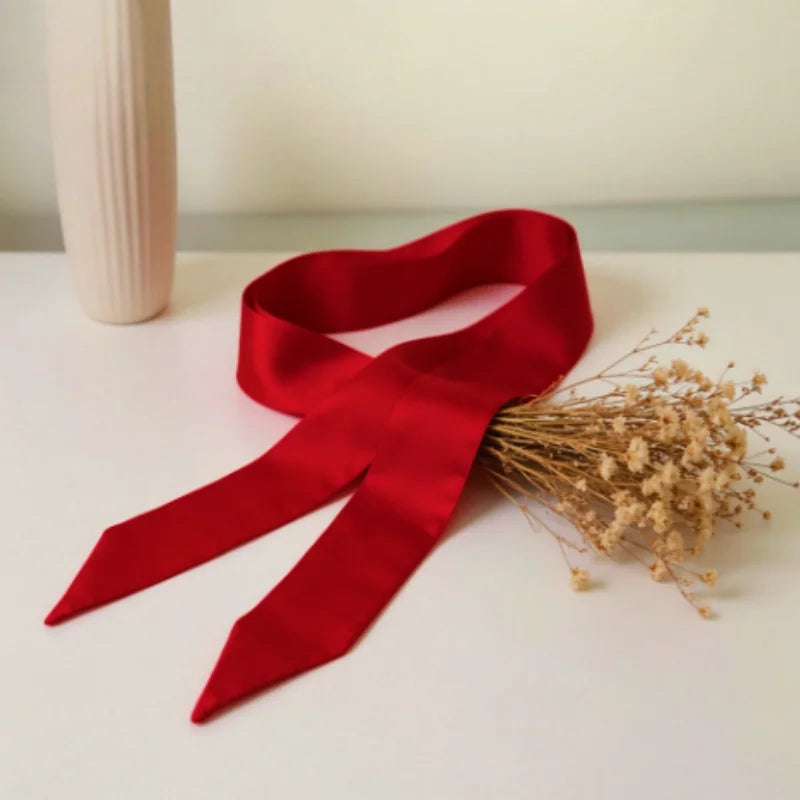 Bright Red Slim Ladies Chiffon Silk Scarf, multi-use for bag ribbons, headbands, chokers and hair ties