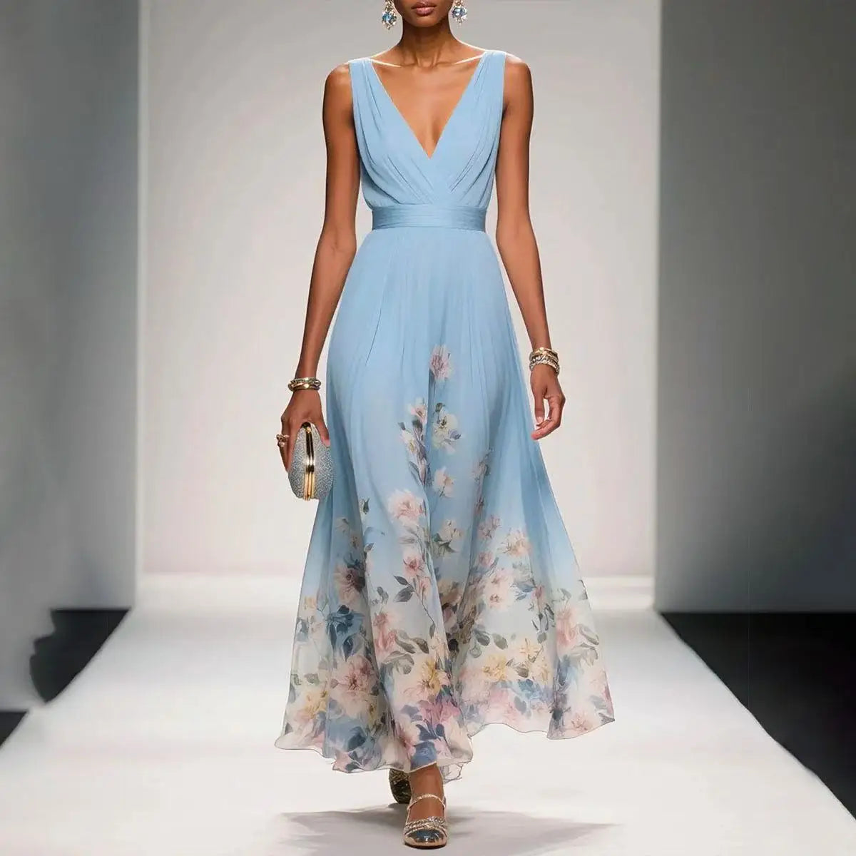 Womens Boho Halter Hollow Vacation Dresses Spring Floral Print High Waist A-Line Pleated Dress Summer Sleeveless Long Maxi Dress