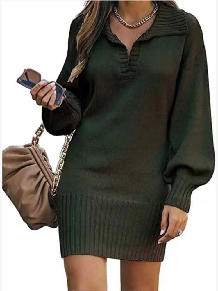 Women's Sweater Mid Length Dresses Fashion Lapel Lantern Sleeve Knit Solid Color Elegant Female Fall Winter Sweater Dress 2024