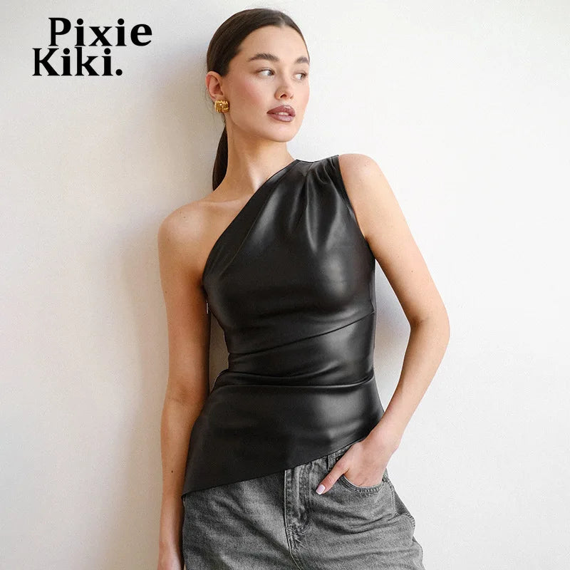 PixieKiki Fashion PU Leather Sleeveless T Shirts Side Zipper One Shoulder Asymmetrical Tops Women Clothing Fall 2024 C85-CA12