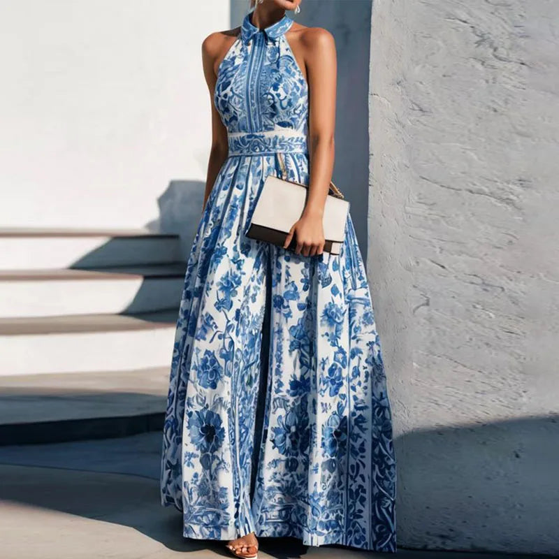 Vintage Floral Print Women Bohemian Dresses Spring Elegant Polo Collar Sexy Maxi Dress Summer Sleeveless Loose A-Line Long Dress