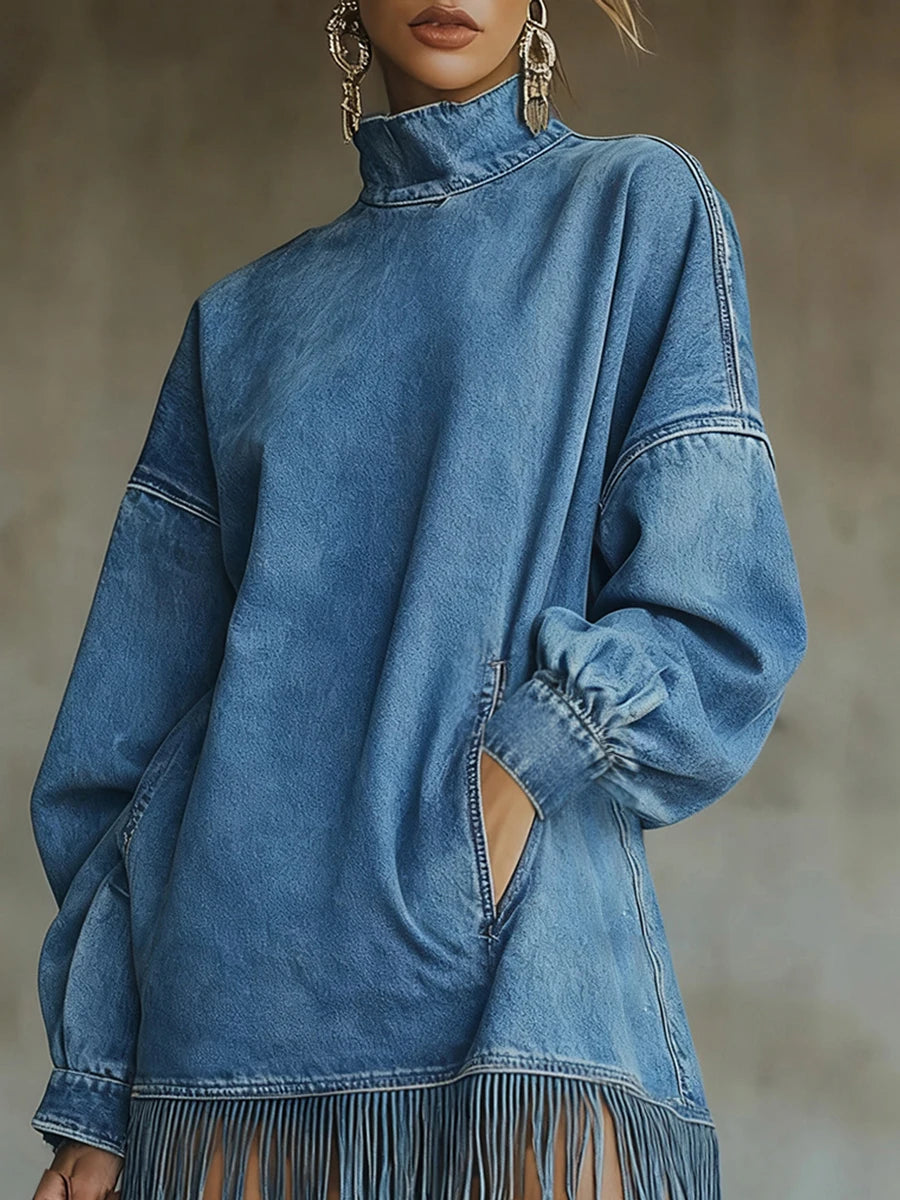 Denim Vintage Dresses Women Half High Collar Solid Color Tassel Hem Dress Fashion Long Sleeve Pocket Loose Sweatshirt Dress