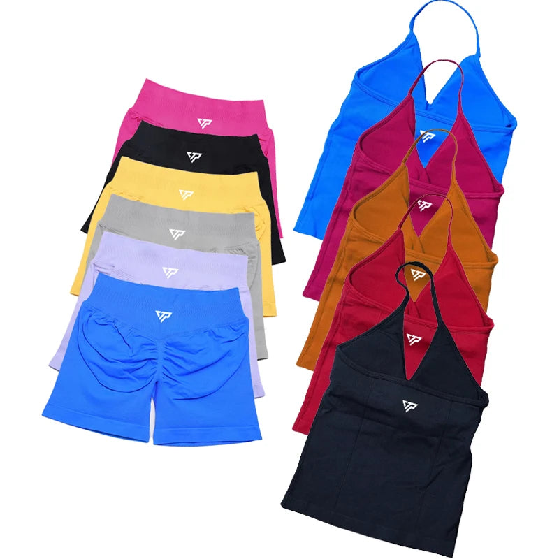 Keep That Pump 2 Piece Sets Shorts Top Womens Outfits Yoga Sets Gym Sets High Quality Seamless Lace-Up Bra Scratch Sports Sets