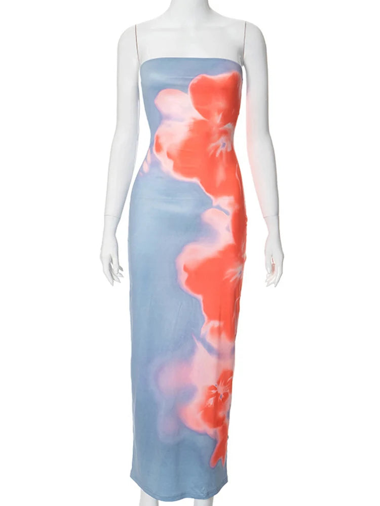 Sexy Strapless Print Tube Maxi Dress Women Off Shoulder Backless Stretch Long Sundress 2025 Summer Beach Y2K Clothes