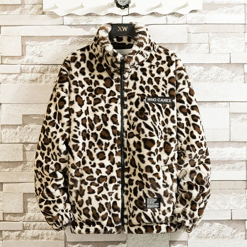 Autumn Soft Leopard Jacket Men Zipper Hoodies Hooded Coat Fashion Causal Street Outerwear Loose Windbreaker Clothing Male Female