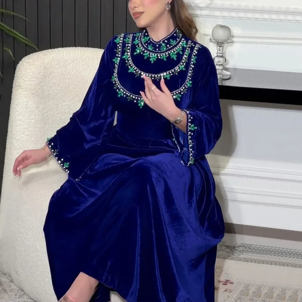 Velvet Autumn Winter Morocco Luxury Muslim Women Abaya V-neck Maxi Dress Turkey Arabic Islamic Kaftan Dubai Evening Party Kaftan