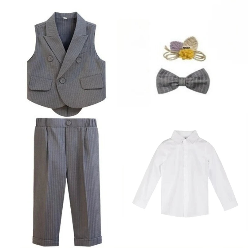 Boys Strap Pants Suit Fashion Gray Stripe Kids Weddings Blazers Set 2-12 Years Children School Uniform Toddler Birthday Outfits