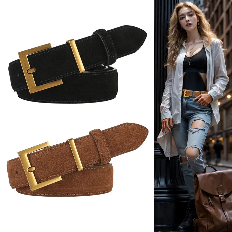 Trendy Women’s Double Genuine Leather Belt Elegant Cowhide Suede with Stylish Square Alloy Buckle Ideal for Dresses and Jeans