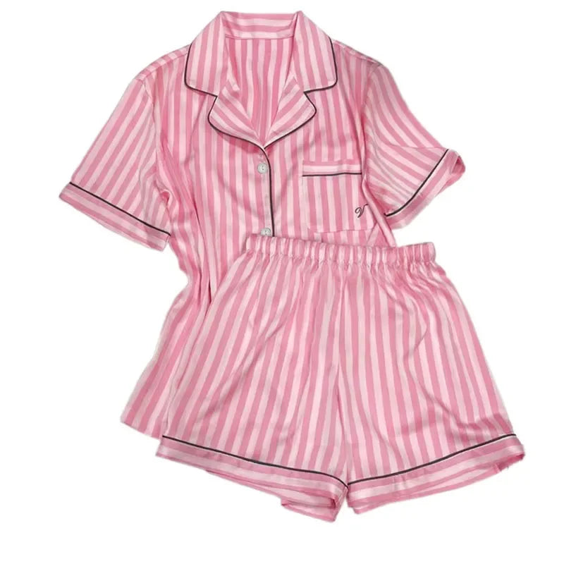 Women Summer Pajamas Short-Sleeved Lapels and High-Quality Pink Striped NightWear Loungewear Two-Piece Set ladies sleepwear