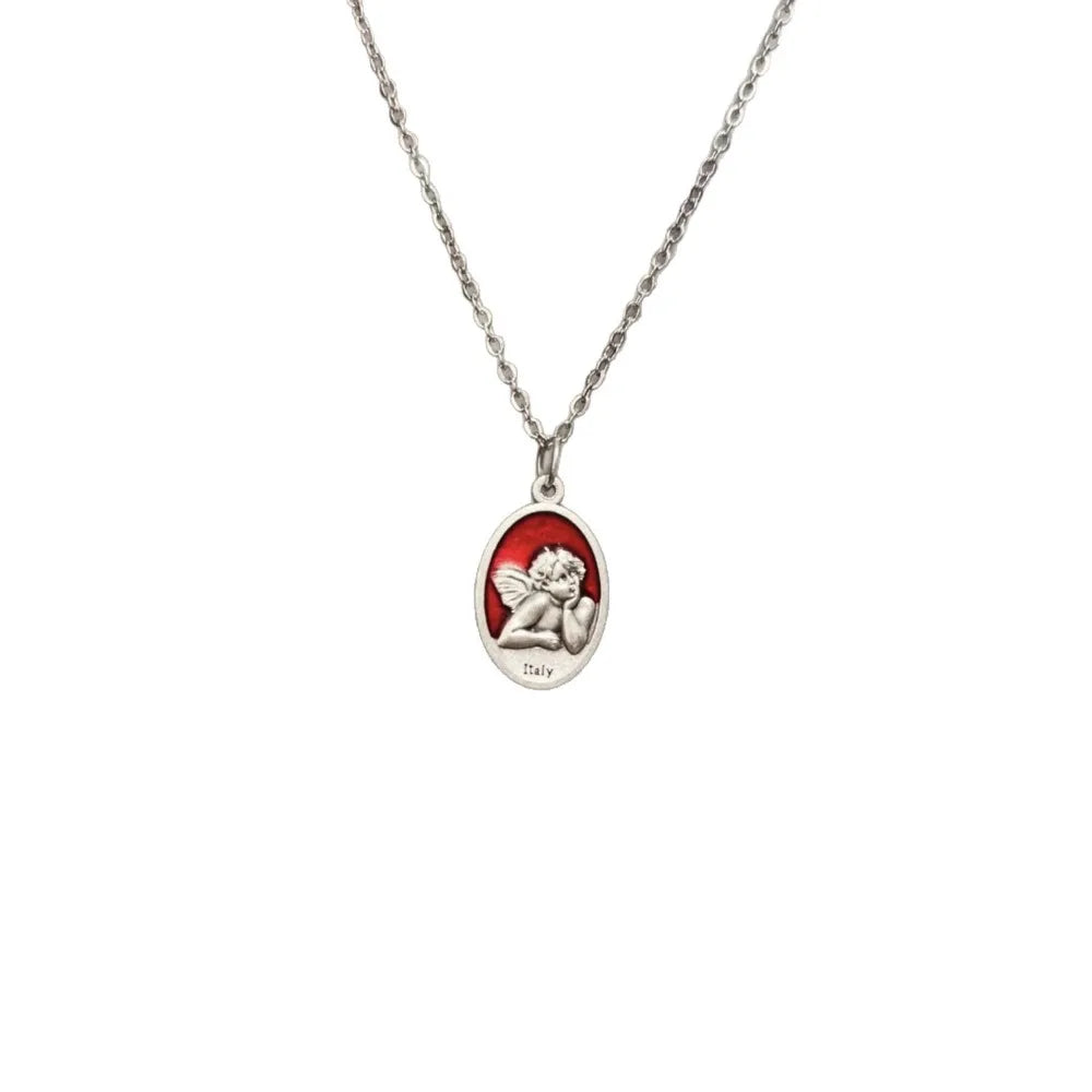 Vintage Temperament Sliver Color Double-sided Little Angel Fairy Relief Oval Pendant Necklace for Women Men Collar Chain Jewelry