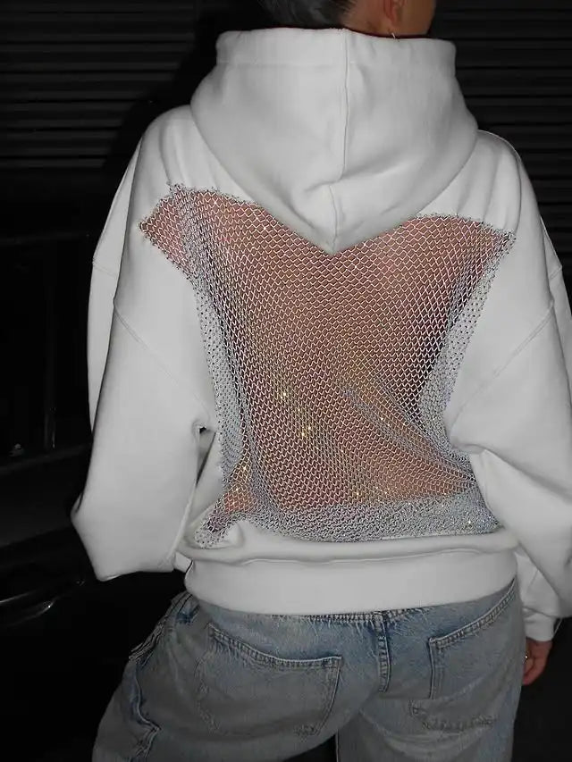 Harajuku Gothic Sexy Backless Hoodie Y2K Clothes Womens Rhinestone Sparkling Mesh Design Oversized Hoodie Pullover Tops