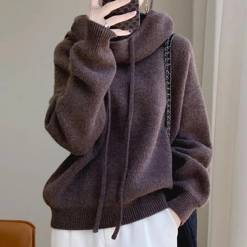 Hoodies Sweater Women Pullover Hooded Thick Knitting Top Drawstring Knitwear Autumn Winter Knitted Tops Jumper Office Lady 2025