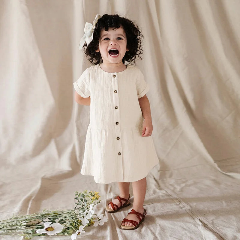 Children's Muslin Gauze Short-Sleeved Dress Summer New Solid Color Collision Buttons Girls Round Neck 100% Cotton A-Line Dresses