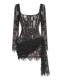 Women's Sexy Strapless Lace Corset Mini Dress Sleeveless Lace-up Adjusted Draped Black Bodycon Dresses Elegant Party Club Gowns