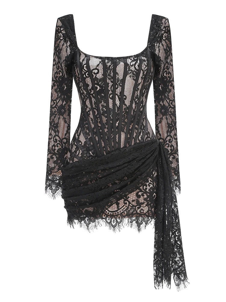 Women's Sexy Strapless Lace Corset Mini Dress Sleeveless Lace-up Adjusted Draped Black Bodycon Dresses Elegant Party Club Gowns