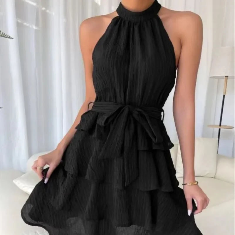 Women's Red Mini Dress Vestidos 2025 Summer Fashion Sexy Style Halter Sleeveless Ruffle Edge Tied Woman Dresses Women Sundress
