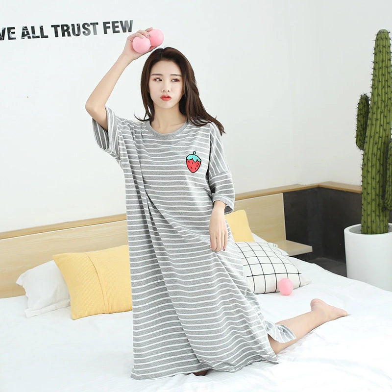 Summer Pajama Dress Female Short-Sleeved Cartoon Home Wear Lengthened Plus Size Striped Student Pajamas Easy To Wash Long