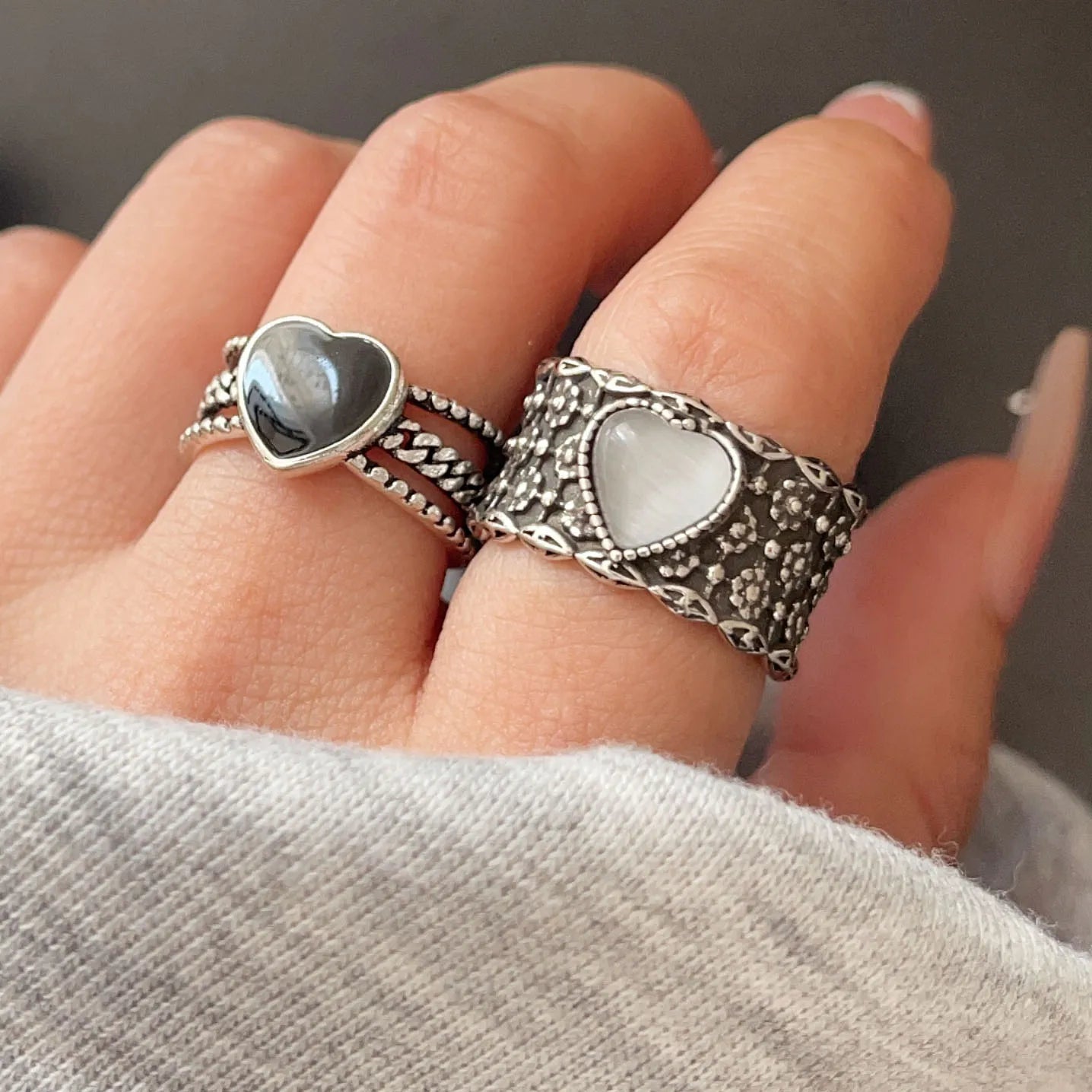 925 Sterling Silver Rings For Women Geometric Fine Jewelry Finger Adjustable Wide Heart Stone Ring For Party Birthday Gift