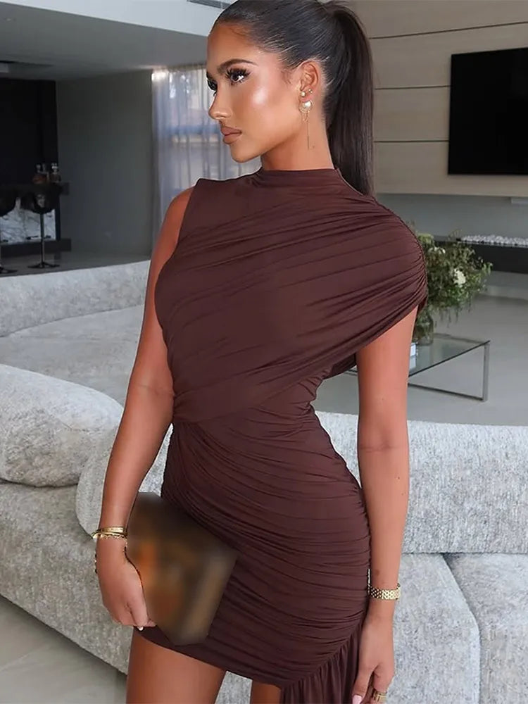 Women Mesh Pleated Sleeveless Mini Dresses 2026 Fashion Round Neck Slim Fit Solid Short Robes Summer Lady Holiday Vestidos New