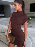 Women Mesh Pleated Sleeveless Mini Dresses 2026 Fashion Round Neck Slim Fit Solid Short Robes Summer Lady Holiday Vestidos New
