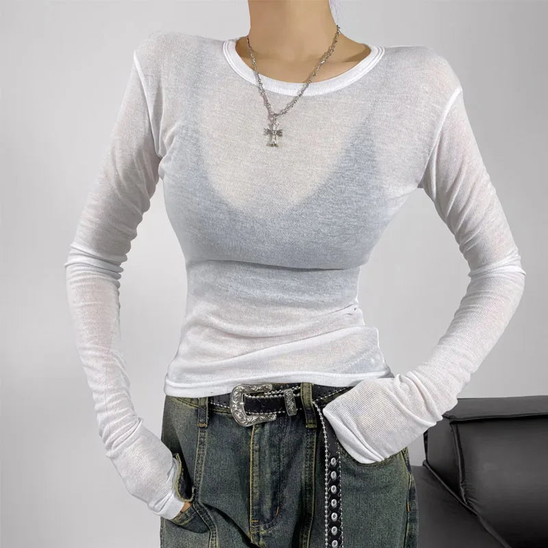 Spring and summer women's round neck slim fit long sleeved semi transparent T-shirt