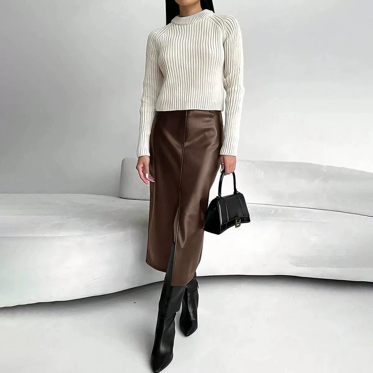 Leather Skirt High Waist Women Front Slit Spring Autumn Long Skirt High Waisted Office Lady Slim Skirts Elegant Ropa De Mujer