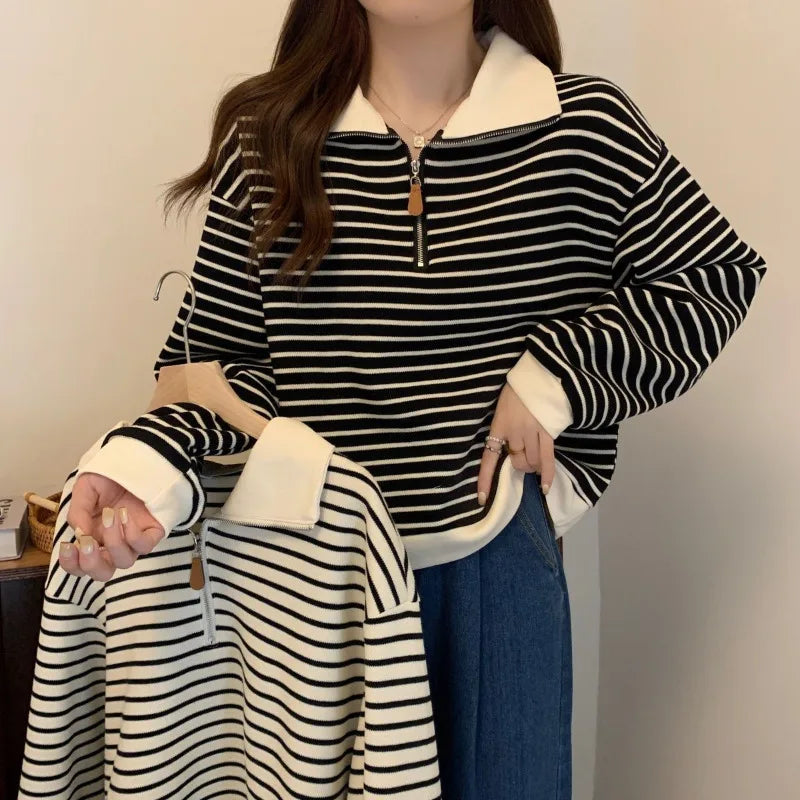 Women Striped Half Zip Sweatshirt Long Sleeve Collared Pullover Casual Fit  Fashion Oversized Streetwear Tops 2026 Tendencias